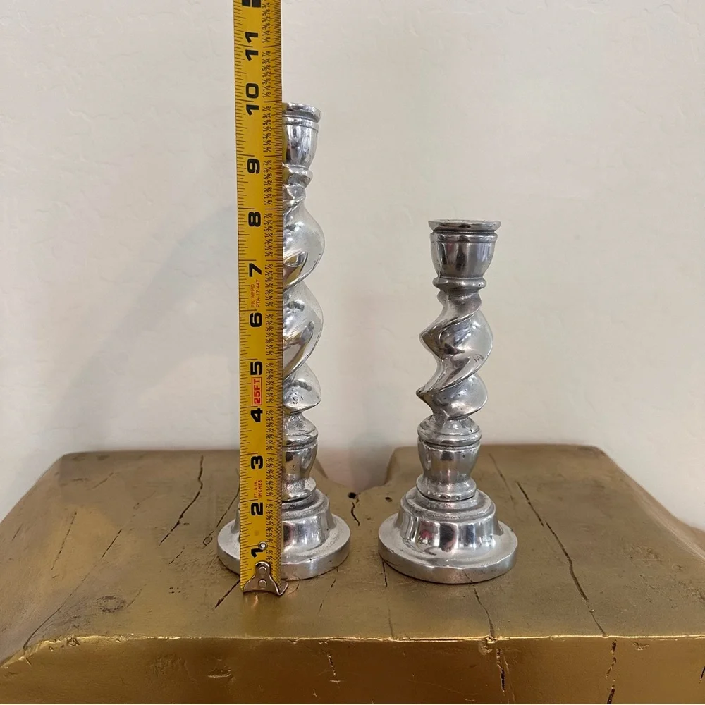 Set of 2 Vintage metal Silvertone Spiral Candlesticks